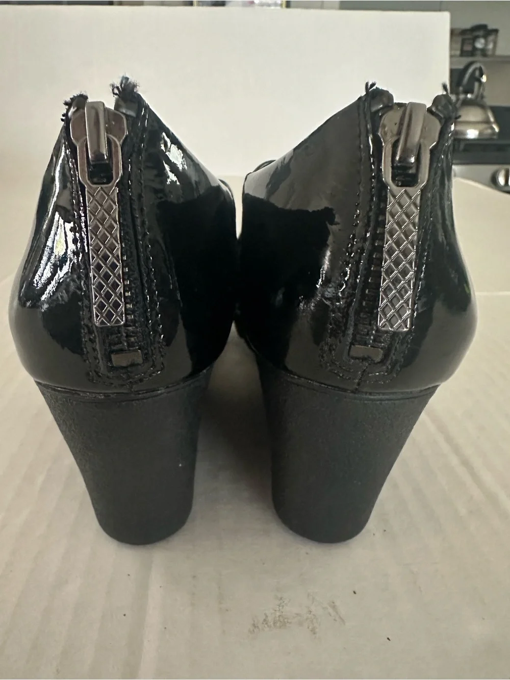 Donald J. Pliner Marti Black Leather Cross Strap Wedge Pumps Zip Back Close 6.5
